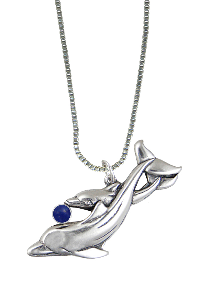 Sterling Silver Playful Dolphins Pendant With Lapis Lazuli